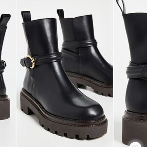 Ulla Johnson Lennon Black Leather Lug-Sole Ankle Boots with Gold Buckle